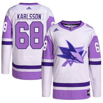 Authentic Adidas Youth Melker Karlsson San Jose Sharks Hockey Fights Cancer Primegreen Jersey - White/Purple