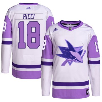 Authentic Adidas Youth Mike Ricci San Jose Sharks Hockey Fights Cancer Primegreen Jersey - White/Purple