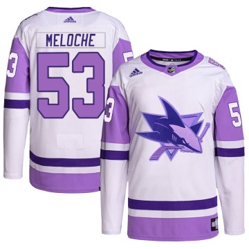 Authentic Adidas Youth Nicolas Meloche San Jose Sharks Hockey Fights Cancer Primegreen Jersey - White/Purple