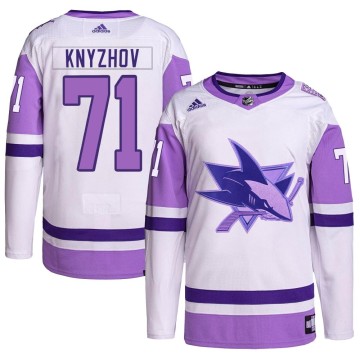 Authentic Adidas Youth Nikolai Knyzhov San Jose Sharks Hockey Fights Cancer Primegreen Jersey - White/Purple