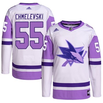 Authentic Adidas Youth Sasha Chmelevski San Jose Sharks Hockey Fights Cancer Primegreen Jersey - White/Purple