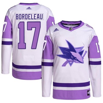 Authentic Adidas Youth Thomas Bordeleau San Jose Sharks Hockey Fights Cancer Primegreen Jersey - White/Purple