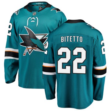 Breakaway Fanatics Branded Youth Anthony Bitetto San Jose Sharks Home Jersey - Teal